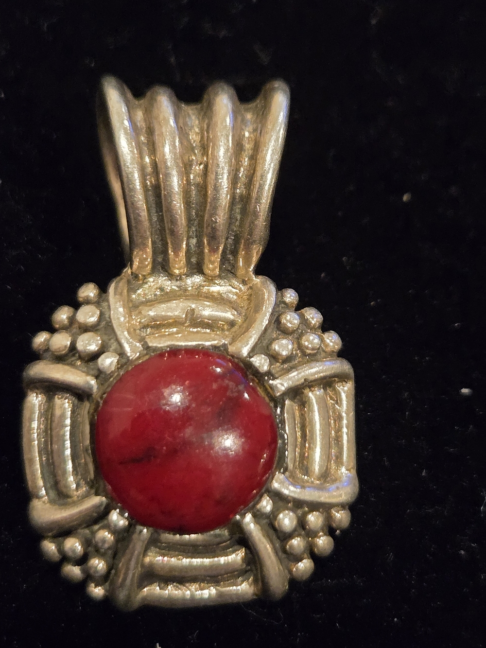 Sterling Silver 925 Pendant Necklace with Red Cabochon